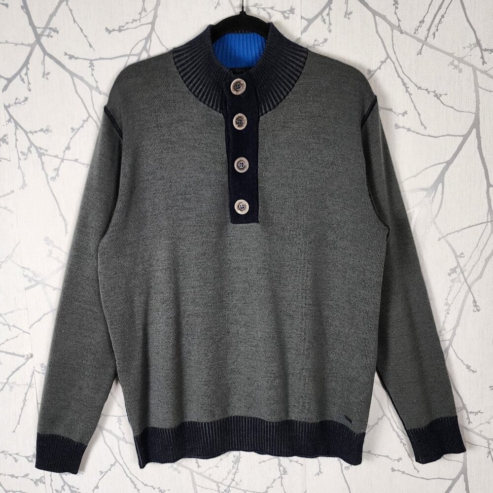Codice Gray Navy 50% Merino Wool Blend Knit Mockneck Polo Sweater
